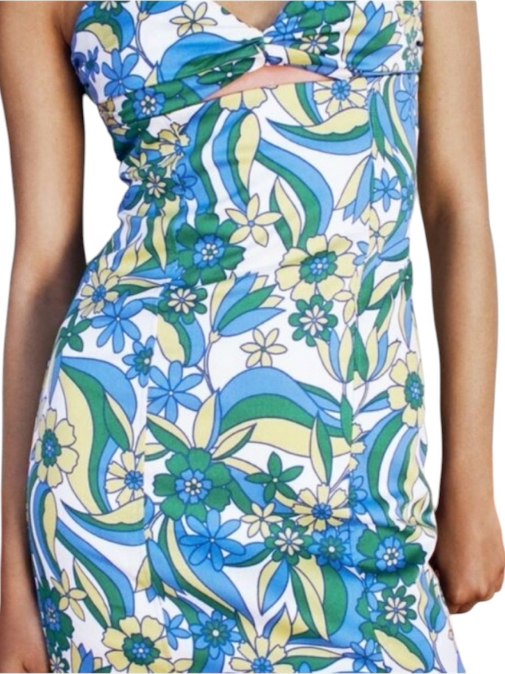 Zara Floral Cutout Slip Dress in Blue-Green Print